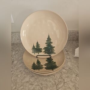 Potters Studio Set of 4 Rustic Ceramic Dinner Plates Forest Pine Trees Beige